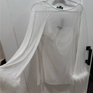 Lulu's White Sheer Blouse with Feather Cuffs